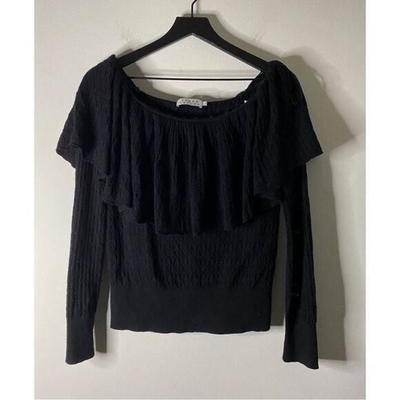 Tanya Taylor Black Off The Shoulder Wool Pointelle Sweater - Picture 1 of 7